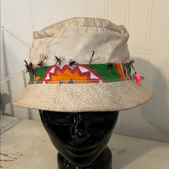 Vintage 60s Roll up fly fishing bucket hat lures crushable